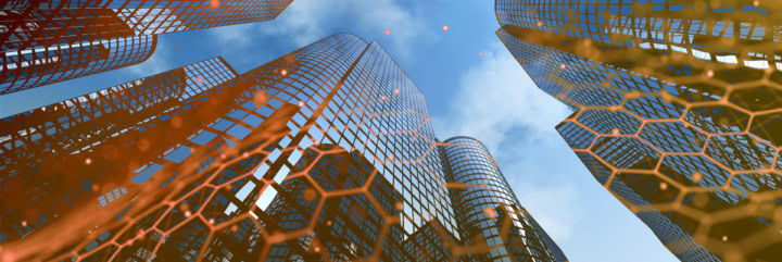 Vue d'en bas d'immeubles de bureaux modernes et ciel bleu