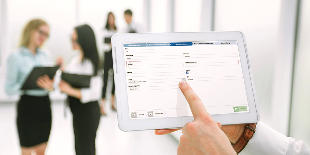 Tablet with the 'Visitor Management SME' module from Interflex on the display.